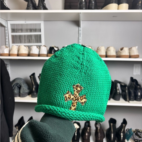 Chrome Hearts Green Cashmere Knit Beanie – Leopard Cross Patch – Made in USA